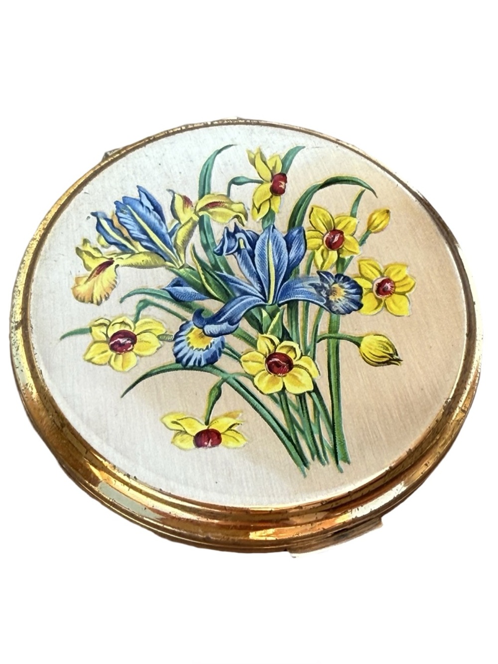 Vintage Mid Century Stratton Daffodil Floral Gold Round Compact